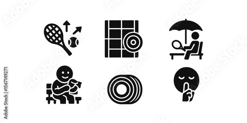 Sports and recreation solid icon set. tennis, maps, leisure silhouettes for applications