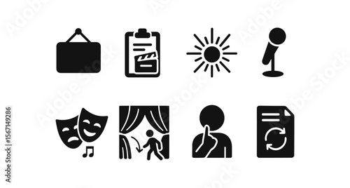 Entertainment, arts solid icon set. theater, music, and activity icons collection