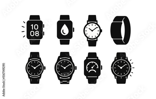 Watch and clock silhouette icon set. timekeeping and chronograph pictograms collection