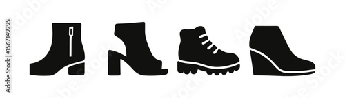 Fashion footwear silhouette icon set. shoes, boots silhouettes collection in black