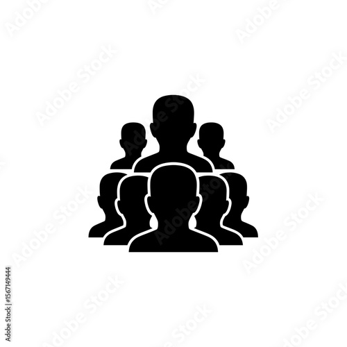 Silhouette illustration featuring a group of people arranged in a hierarchical formation with faceless figures