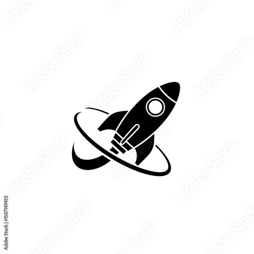 Rocket ship with orbital rings soaring upwards in a stylized graphic representation of space travel