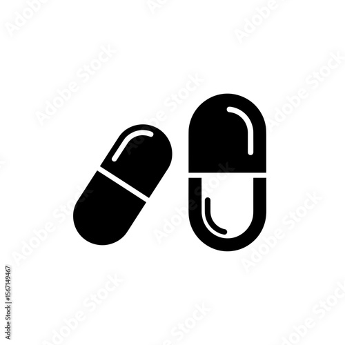 Two capsule pills are displayed one laying down and one standing up in a graphic depiction