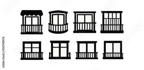 Balcony and veranda silhouette icon set. home architecture, building silhouettes