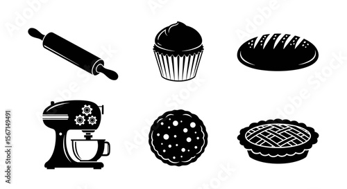 Culinary tools and baked goods arranged neatly in a graphic representation for baking enthusiasts