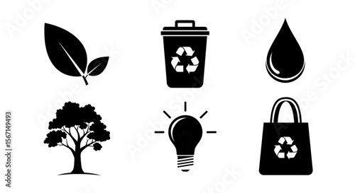 Collection of environmental icons including leaf, bin, drop, tree, bulb, and tote bag images shown here