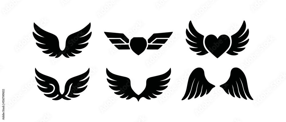 Obraz premium Wings silhouette icon set. flight, angel, bird symbols in silhouette style collection