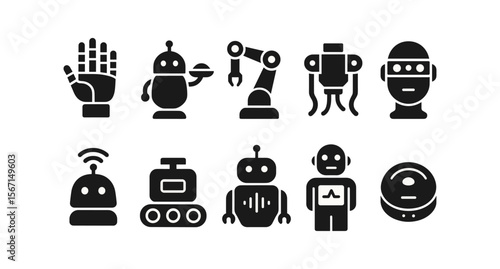 Robotics and ai solid icon set. future tech, automation, innovation symbols collection