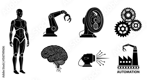 Illustrative representation of robotic components and automation elements assembled together nicely here