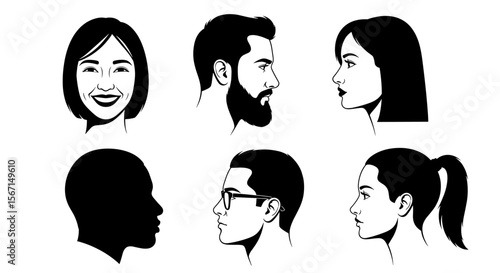Illustrative portraits showcasing diverse individuals in a minimalist graphic representation style drawing