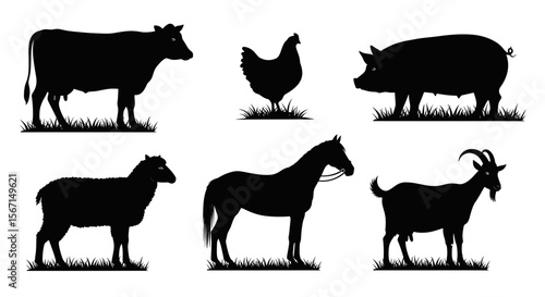Silhouette farm animals including a cow, hen, pig, sheep, horse, and goat standing on grass patches