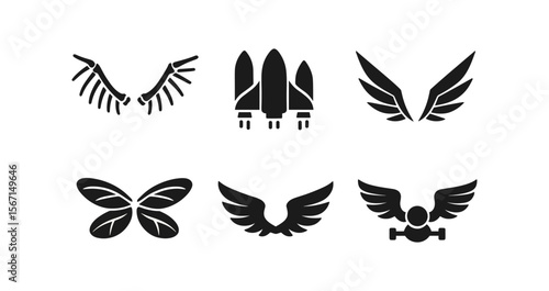 Angel, flight silhouette icon set. winged, bird, aviation symbols in silhouette style
