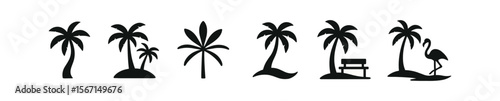 Tropical silhouette icon set. palm trees, beach chair, flamingo outline collection