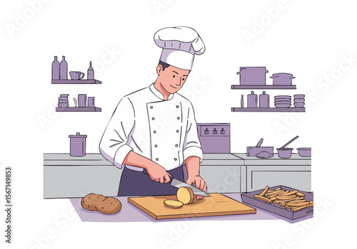 A smiling chef skillfully slices potatoes on a cutting board in a professional kitchen. Focus on the detail and culinary skill. Clean, bright, and inviting.