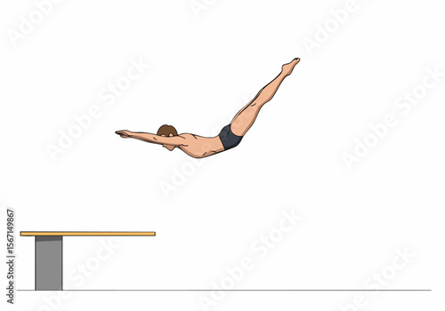 A male diver executes a pencil jump pose on a high dive. Dynamic action shot, clear composition, suitable for commercial use.