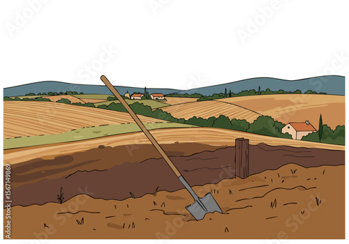 A farmer works in a field with a shovel. Rolling hills and a rustic barn create a peaceful rural scene. Perfect for nature, agriculture, or lifestyle imagery.