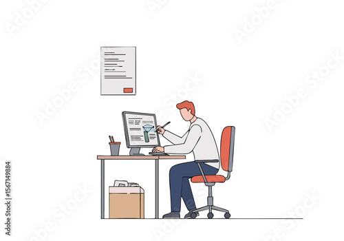 focused professional works at a tidy desk utilizing a computer and documents A modern workspace with a plant and clock creates a productive atmosphere Clean bright and inviting