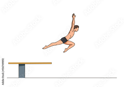 A male gymnast performs a pencil jump pose on a balance beam. Dynamic action shot, clean lines, and a focused expression. Ideal for fitness, sports, and training visuals.