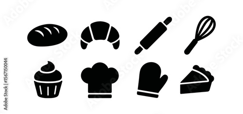 Baking silhouette icon set. bread, pastry, utensil icons collection