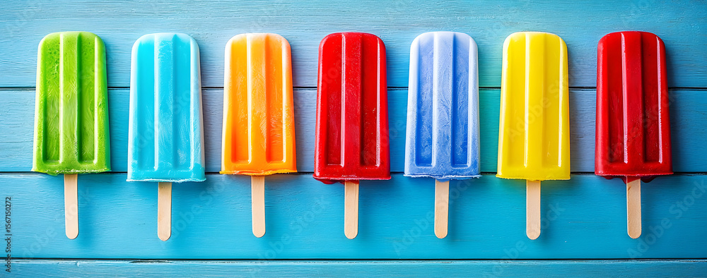 Fototapeta premium A Row of Rainbow Popsicles on a Blue Wood Background