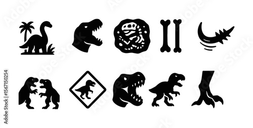 Dinosaur, fossil silhouette icon set. prehistoric, skeleton, creature, jurassic illustrations