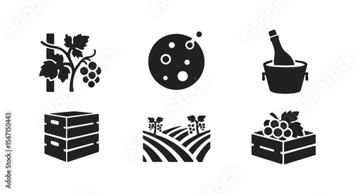 Wine and vineyard silhouette icon set. grapes, harvest, winery silhouette collection