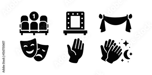 Theater, drama solid icon set. performance, stage, applause symbols collection