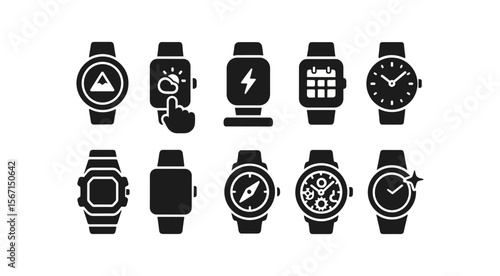 Smartwatch, wearable tech solid icon set. gadgets, timekeeping, apps collection