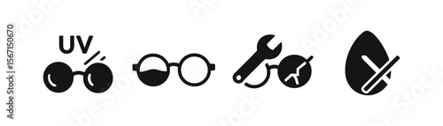 Glasses and vision silhouette icon set. optical, repair, uv protection, droplet icons