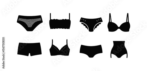 Lingerie, apparel silhouette icon set. underwear and bra icons silhouette collection