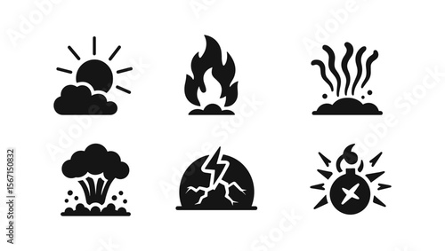Natural disaster silhouette icon set: weather, fire, earthquake symbols