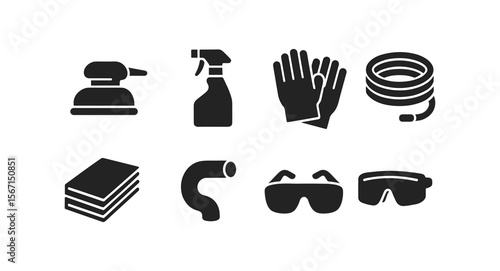 Car cleaning silhouette icon set. auto maintenance tools, equipment silhouette collection
