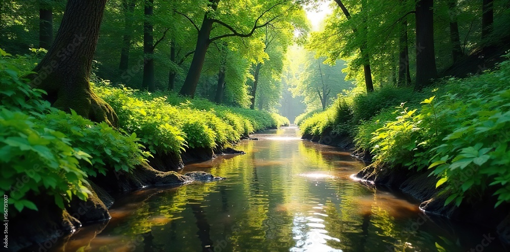 Obraz premium Serene Creek Meandering Through Lush Green Foliage Sunlight Dapples Tranquil Water in Peaceful Nature Scene