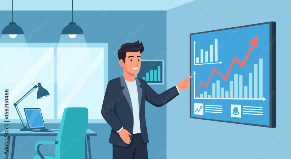 Successful Businessman Presenting Rising Profit Charts in Office Interior Successful Businessman Presenting Rising Profit Charts in Office Interior