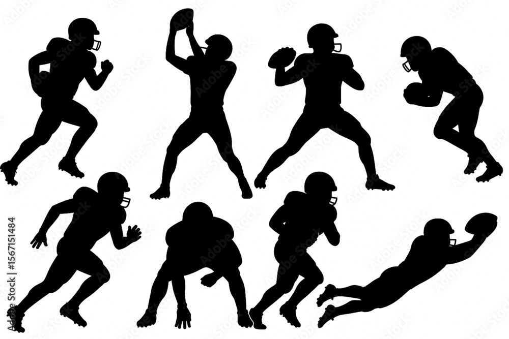 Fototapeta premium American Football Player Silhouette Vector Set – Dynamic Action Poses on White Background