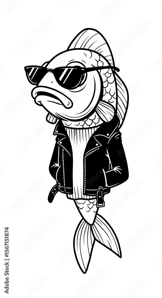 Fototapeta premium Cool fish wearing sunglasses and a leather jacket, representing confidence and attitude