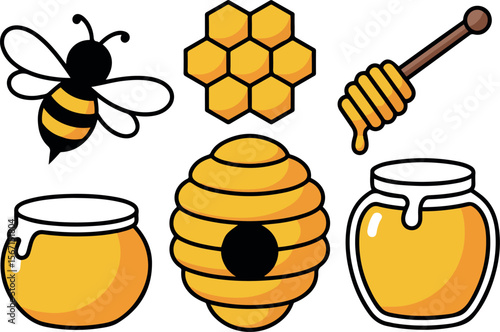 Cartoon Honey Bee Illustration: Honeycomb, Hive, Jars, Dripping Honey
