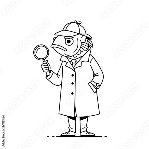 Detective fish holding a magnifying glass, symbolizing investigation and intrigue in a humorous style