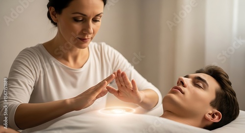 Wallpaper Mural Woman performing energy healing on a man, hands glowing over his chest. Torontodigital.ca