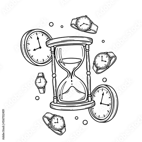 dynamic hourglass surrounded by clocks, creative and illustrative, representing time on a white background, copy space