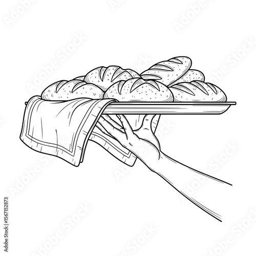 Hand holding a tray of warm bread rolls with a towel, detailed illustration, copy space