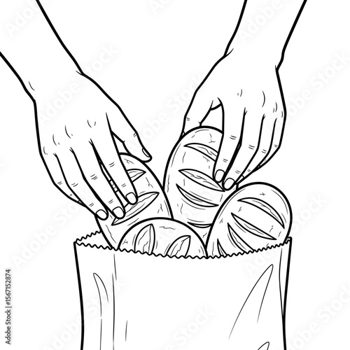 Hands putting bread rolls into a paper bag, detailed illustration, copy space
