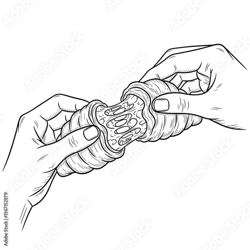 Hands pulling apart a sweet pastry, symbolizing indulgence and delight in food