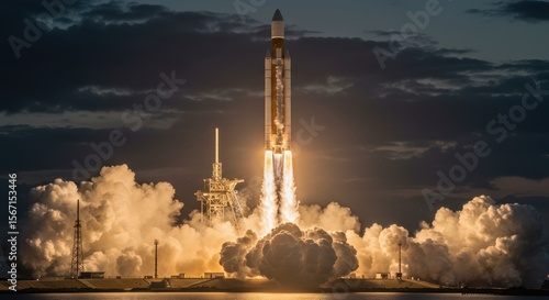 A highly realistic and dramatic photograph of a large, multi-stage ballistic rocket (e.g., resembling a long-range intercontinental ballistic missile or a heavy-lift space launch vehicle)