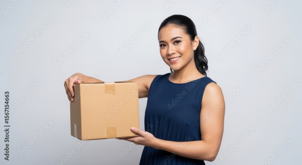 Smiling Woman Holding Cardboard Box in Studio with Natural Lighting Smiling Woman Holding Cardboard Box in Studio with Natural Lighting