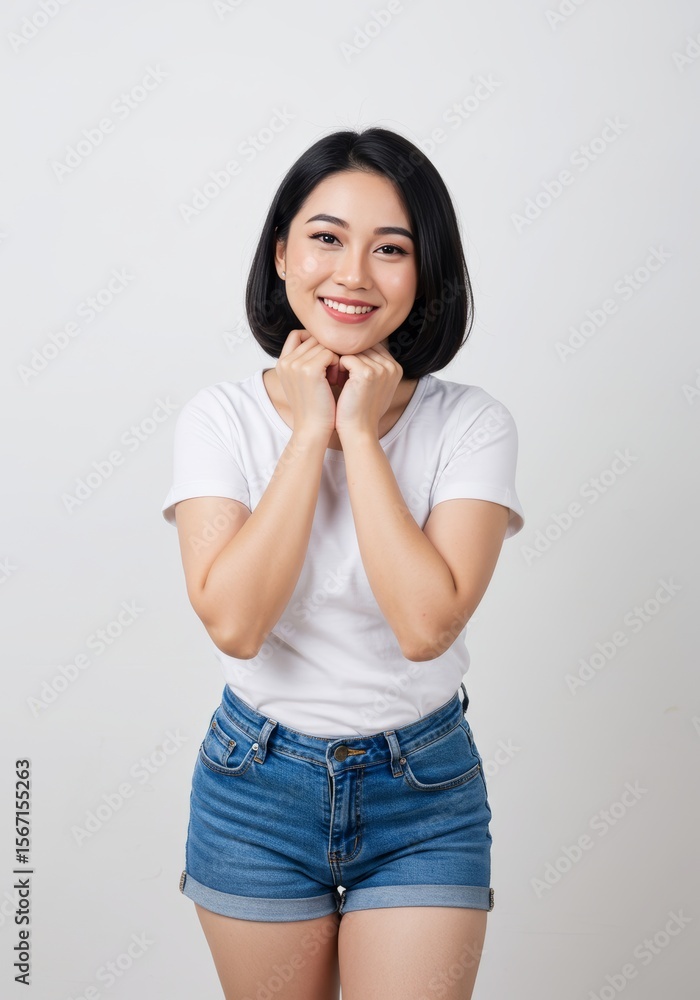 Smiling Young Woman with Dark Bob Hair Wearing White T-shirt and Denim Shorts Smiling Young Woman with Dark Bob Hair Wearing White T-shirt and Denim Shorts