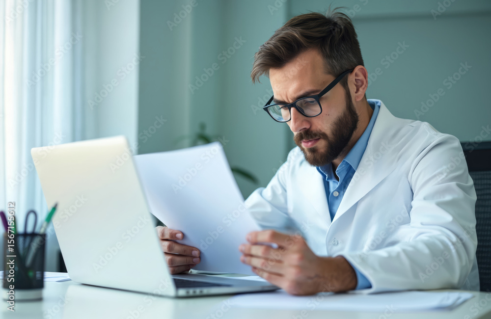 Bearded doctor studies medical records at desk. Healthcare pro wears glasses, white coat. Laptop pen holder visible. Healthcare consultation, appointment, diagnosis. Bearded doctor studies medical records at desk. Healthcare pro wears glasses, white coat. Laptop pen holder visible. Healthcare consultation, appointment, diagnosis.