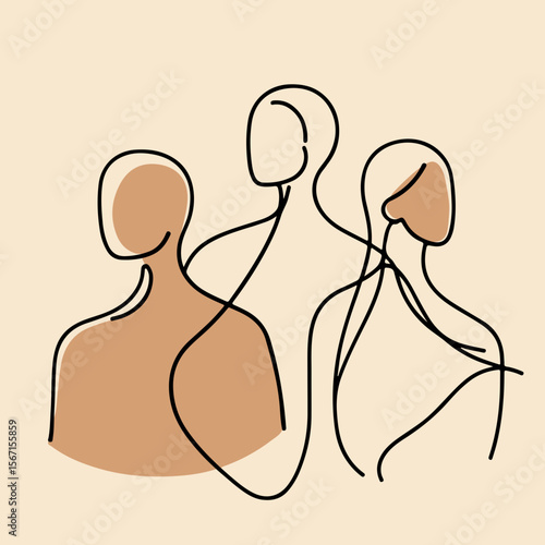 Abstract line art of three figures in minimalist style on beige background  