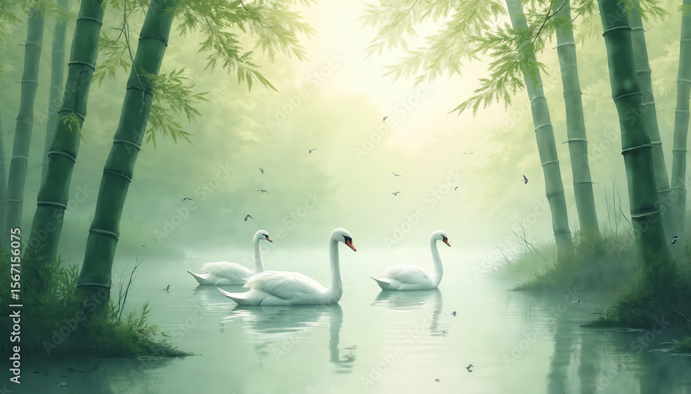 Obraz premium Serene illustration depicts swans on lake, misty bamboo forest background. Peaceful nature, tranquility, artistic style. Foggy water, light, green bamboo trees, white swans. Serene landscape, art.