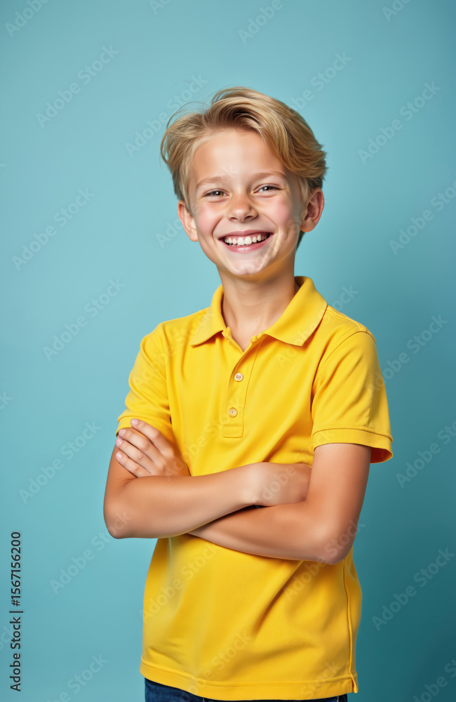 Portrait of young smiling boy in studio. Happy child in yellow polo shirt with arms crossed. Blond hair, blue background. Positive emotions, confidence, joy. Ideal for education, kids fashion, back Portrait of young smiling boy in studio. Happy child in yellow polo shirt with arms crossed. Blond hair, blue background. Positive emotions, confidence, joy. Ideal for education, kids fashion, back